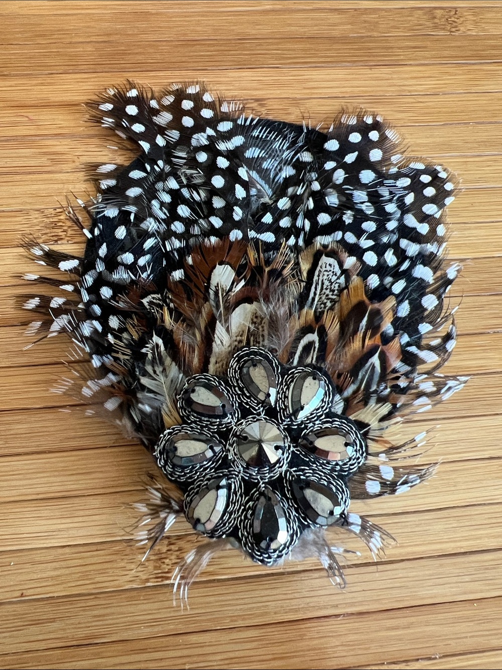 Feather & Mirror Brooch Accent - Black, White, Brown